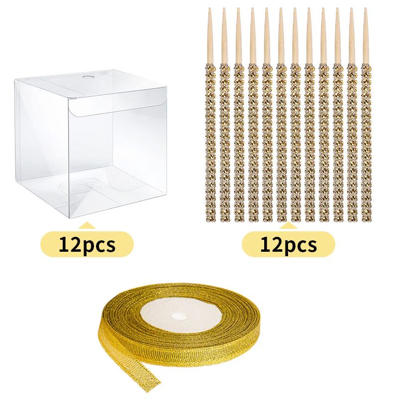 Candy Apple Boxes with Bling Stick Hole Set,with Clear Containers & Rhinestone Bamboo Skewers & Glitter Ribbons