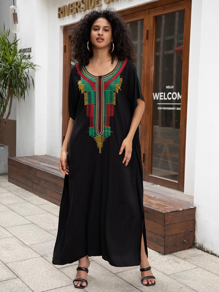 Beach Kaftans Black Embroidery Middle East Women Maxi Dresses Summer Holiday Bathing Suits
