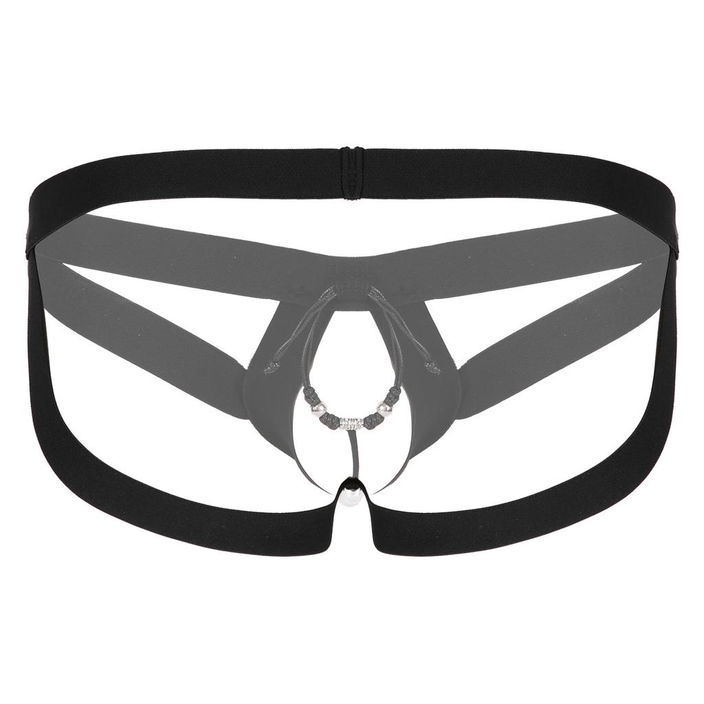 Men Crotchless Strappy Thongs O-ring Bead Decor G-string Low Rise Elastic Waistband for Honeymoon