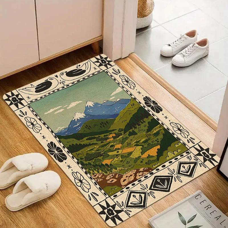 Vintage Green Lake Mountain Scenic Framed Doormat Non Slip Wear Resistant Countryside Front Door Entry Floor Mat