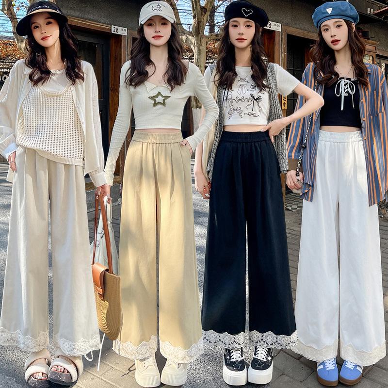 Универсальные кружевные широкие брюки для женщин на весну, новый стиль, мягкие и клейкие повседневные брюки Forest Sweet Droop, маленькие