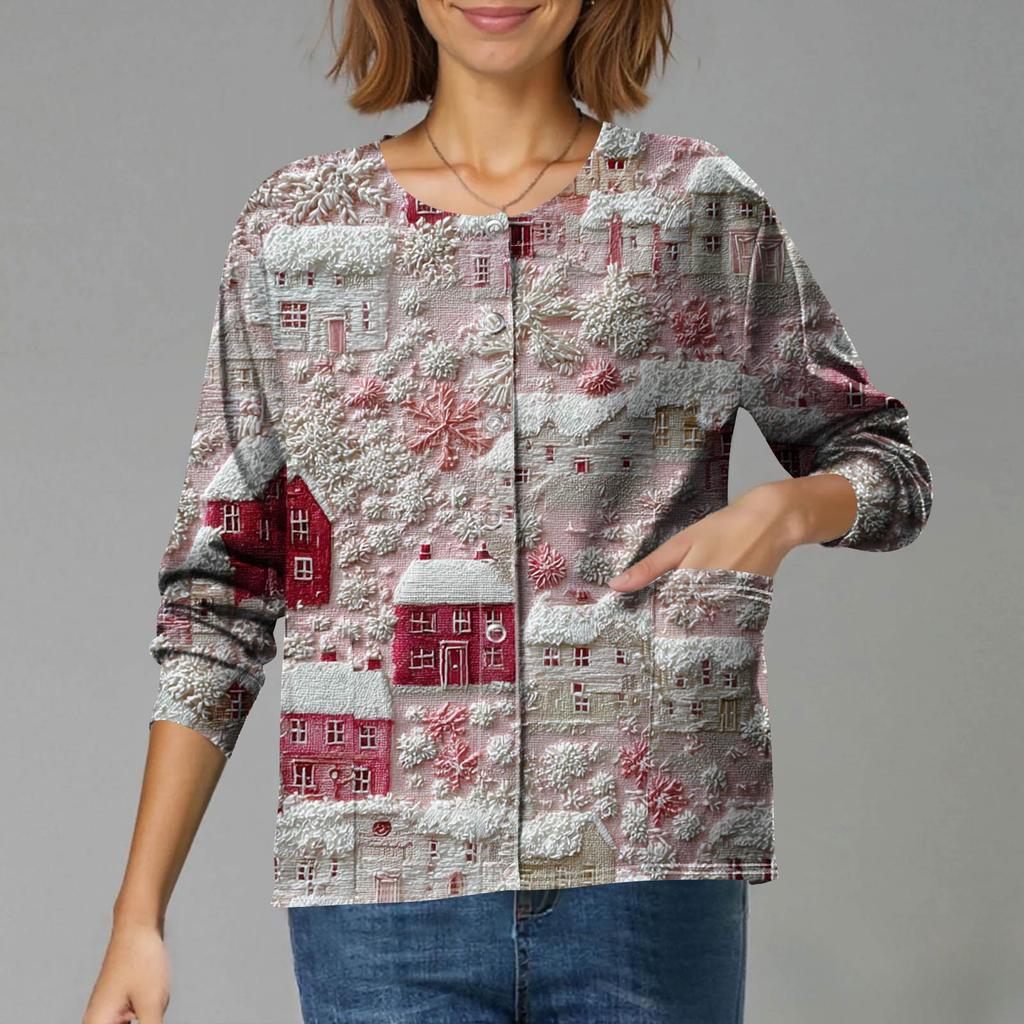 Women's Casual Long-Sleeved Single-Breasted Christmas-Themed Print  Cardigan