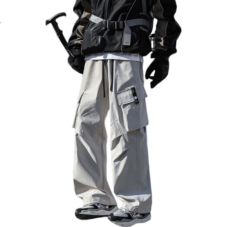 Homlean American-Style Outdoor Cargo Pants for Men, Spring And Summer Loose Wide-Leg Functional Straight Waterproof Trousers HT02 Khaki M