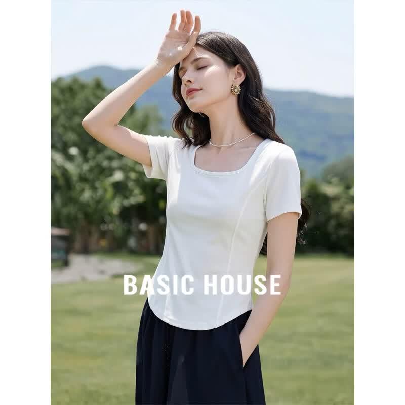 Базовая женская футболка Basic House с квадратным вырезом, приталенная, с короткими рукавами