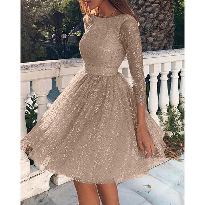 2025 Summer Women's Glitter Sequin Cocktail Dress, Lace High Waist Short Party Dress With Long Sleeves, Sparkling Evening Gown For Formal Events