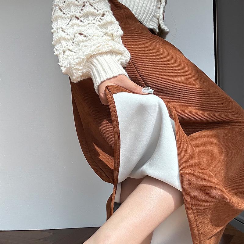 Maillard High Waist Wool Skirt for Women - Plus Size Autumn/Winter Slimming, High-End Design, Long Slit.