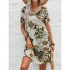 Summer Vacation Elegant Casual Loose Waist Short Dress Women V Neck  A Line Print Vintage Dresses Women Fashion Short Sleeve Beach Sexy Dress 25883