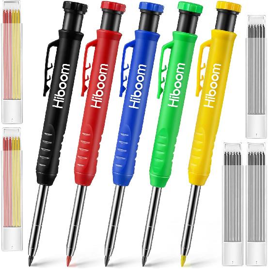 Hiboom 5 Pcs Mechanical Carpenter Pencil, 30 Pcs Refills Needle Nose Tip Hole Marker with Built in Sharpener, Scribe Making Tools for Woodworking,