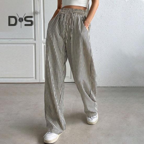 Женские брюки, регулируемые по талии, с эластичной резинкой на шнурке, длинные брюки средней посадки с карманами, широкие повседневные брюки с полосатым принтом