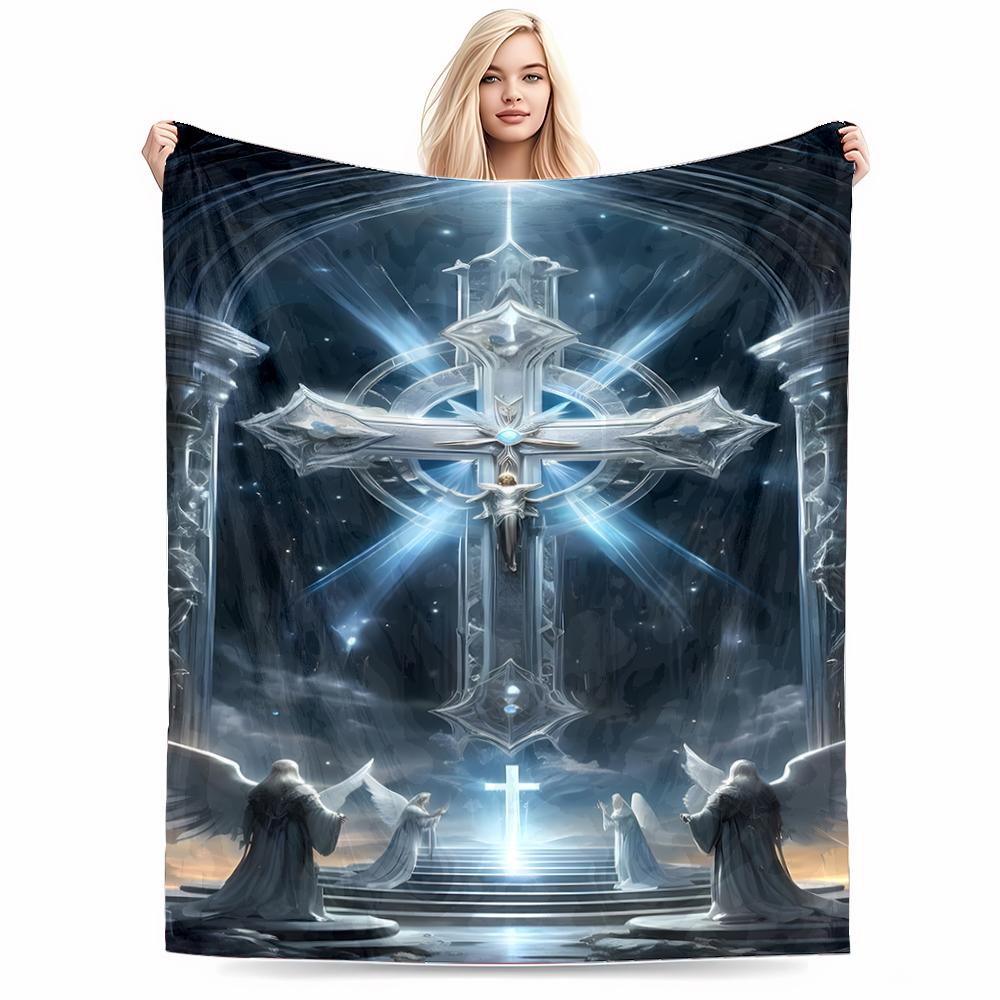 Angelic Cross with Heavenly Light DesignFlannel blanket for bedroom, living room, sofa, and nap