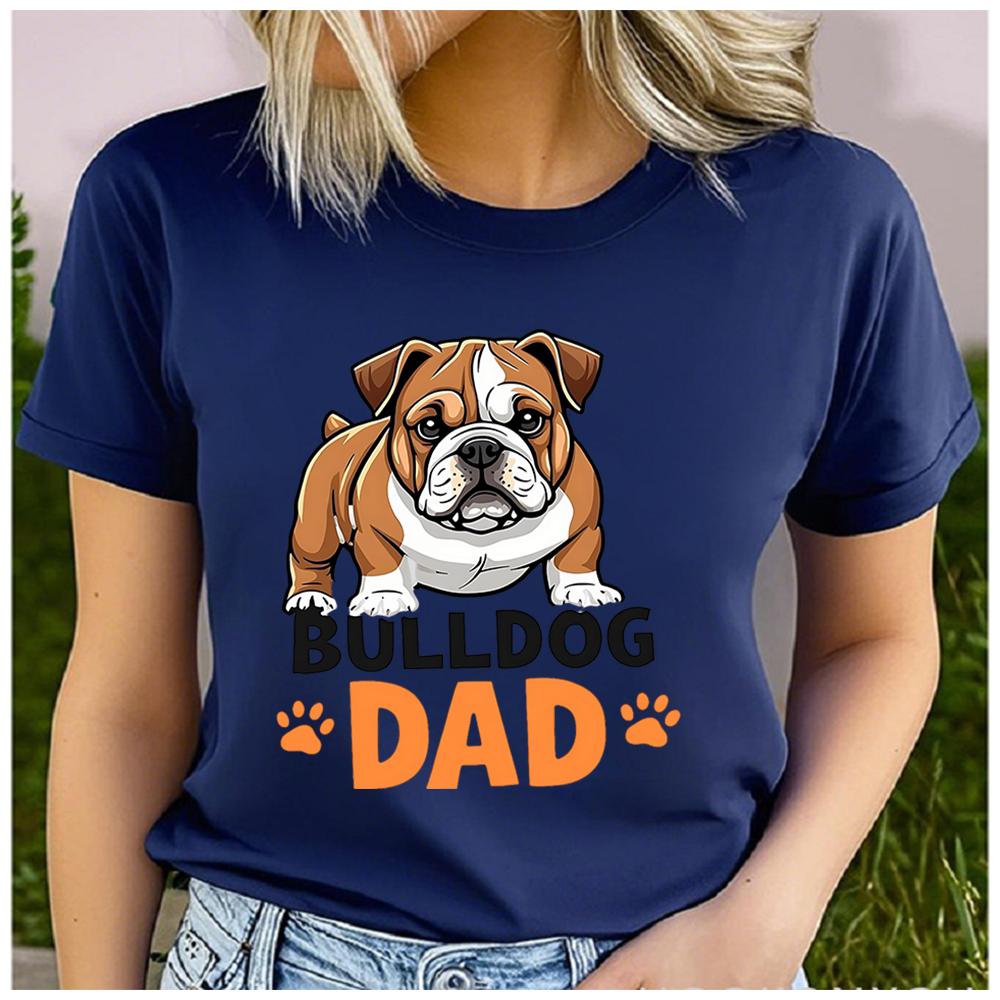 men Women's Polyester 100% BULLDOG DAD Print T-shirt Loose round Neck Casual Short Sleeve Fashion Top Clothing Summer