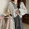 Half Zip Striped Pullover Sweater Autumn and Winter Contrasting Lazy Style Top Short Loose Long Sleeved Knitted Sweater