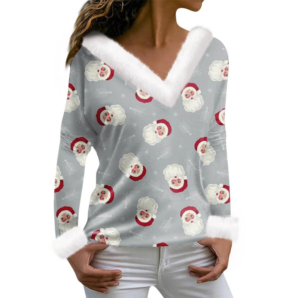 Женская футболка с рождественским принтом, футболка с длинным рукавом, флисовый воротник, топ с V-образным вырезом