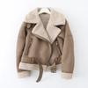 Women's Suede and Lambswool Motorcycle Jacket - Warm Fleece Coat for Autumn and Winter