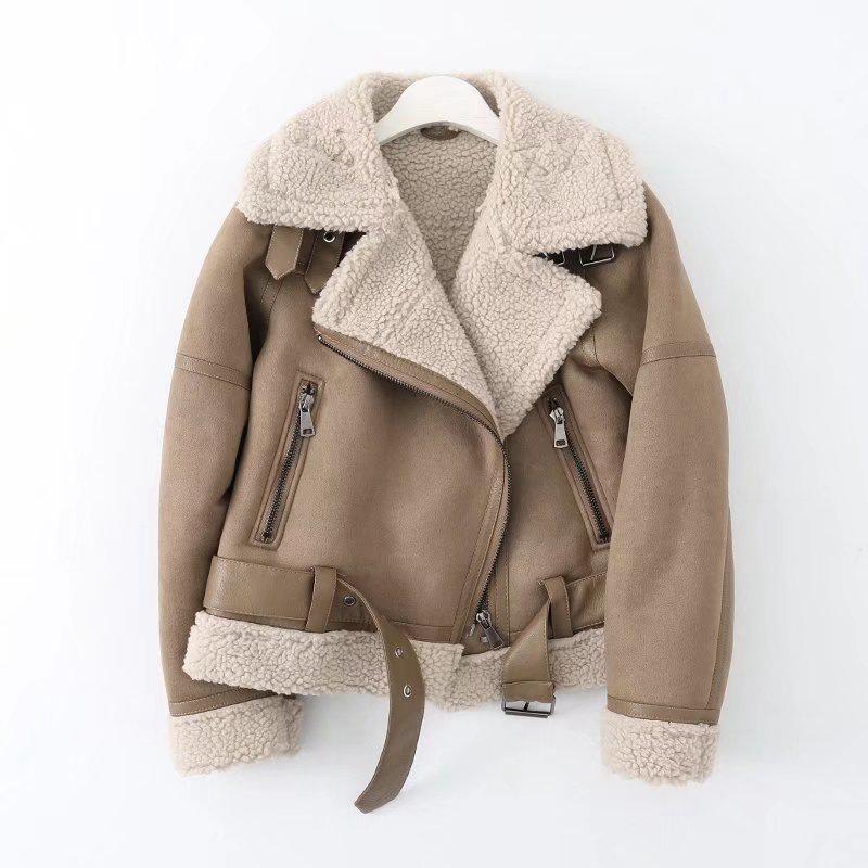 Women's Suede and Lambswool Motorcycle Jacket - Warm Fleece Coat for Autumn and Winter