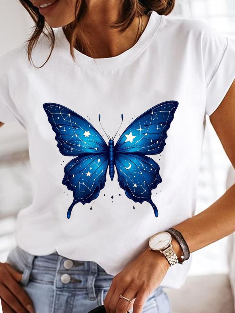 (Азиатский размер) Одежда Футболка Модная Футболка бабочка тренд милый Принт Леди Женская Повседневный Топ Короткий Рукав Женские Графические Футболки