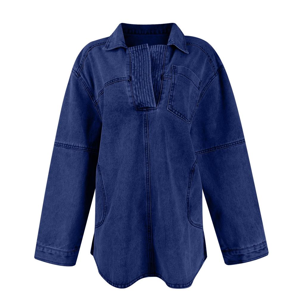Women's Denim Pullover Casual Button V Neck Blouse Loose Fit Long Sleeve Jean Jacket With Pocket