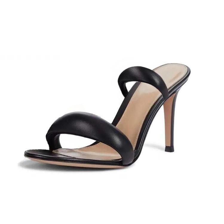 Дизайн модного бренда Простые однотонные женские тапочки 2024 Лето Новые Высокий каблук Черный Золотой Круглый носок Женские сандалии Размер 34-46