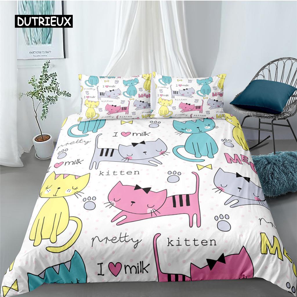 Cartoon Cat Duvet Cover Set for Kids Girl Microfiber Kitten 2/3pcs Cartoon Animal Bedding Set Single Twin Queen King Quilt Cover