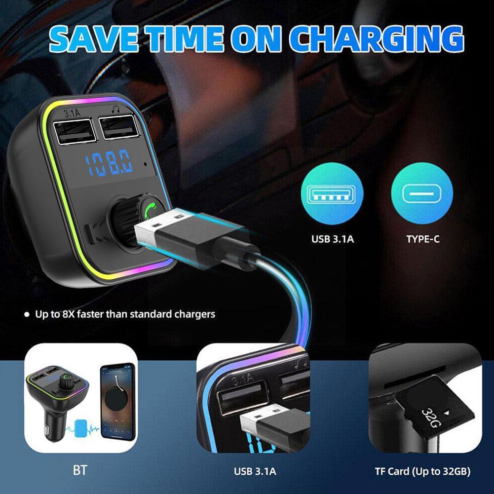 Car Handsfree Bluetooth 5.0 FM Transmitter Dual USB Fast Light Charger Player 3.1A MP3 Ambient Modulator Colorful M2S9