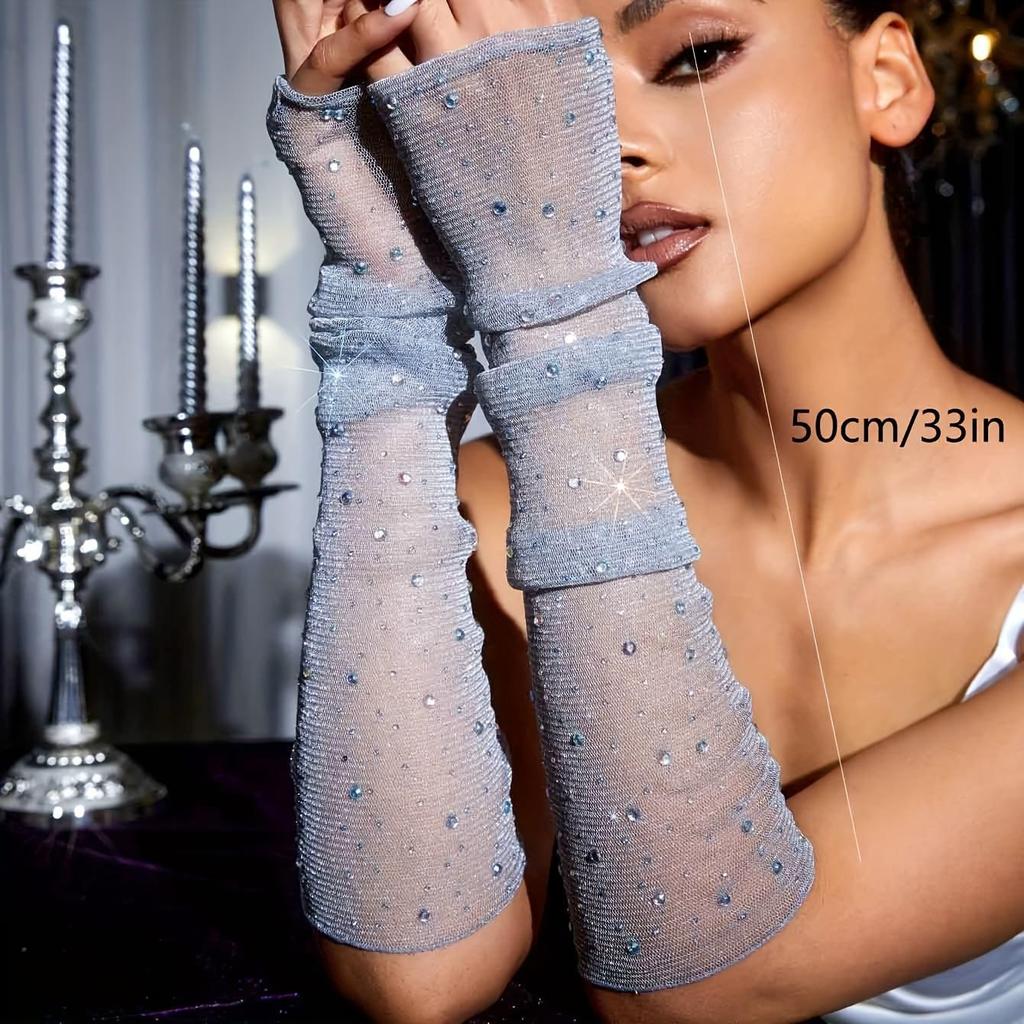 1 пара блестящих кружевных нарукавников со стразами, длинные, без пальцев, солнцезащитные перчатки, тонкая дышащая сетка, манжеты из ледяного шелка для вождения, для женщин