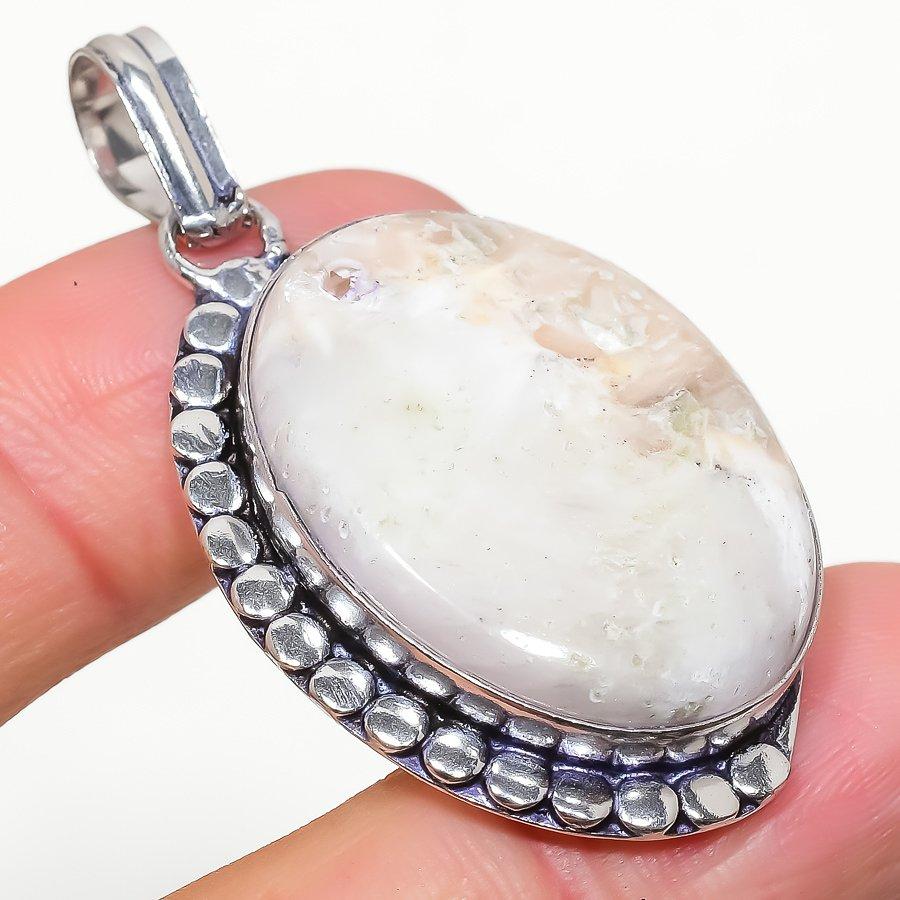 Natural Scolecite Gemstone Handmade 925 Sterling Silver Pendant 2.01" k5V34