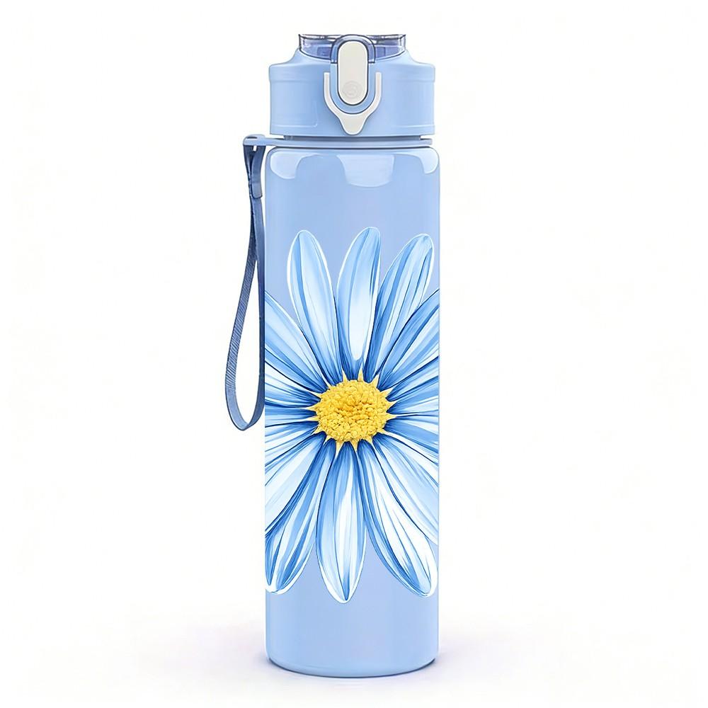 1PC Blue Daisy Watercolor Flower Print 750ml Color Plastic Sports Water Bottle Leakproof Flip Straw Lid Suitable for Sports Office Home Use