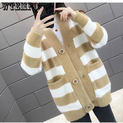 No Hair Off, Water Velvet Stripes, вязаный кардиган большого размера, женский свитер, свободный длинный рукав, осень и зима, с вязаным кардиганом