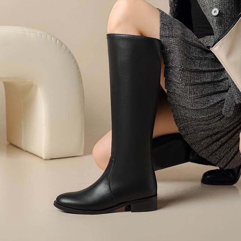 Krazing Pot Осенне-зимняя обувь из коровьей кожи, сапоги для верховой езды, круглый носок, сохраняющий тепло, квадратная металлическая пряжка, высокие каблуки