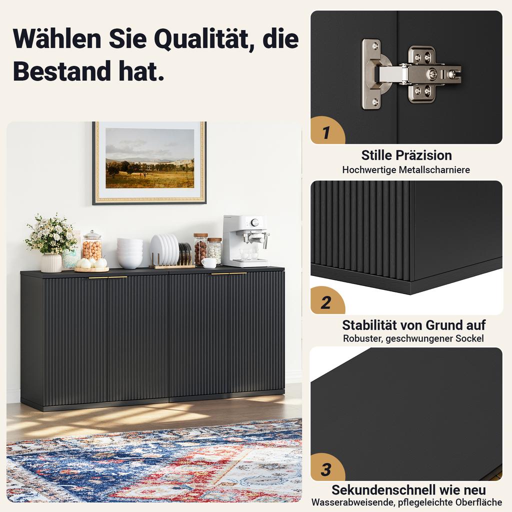 Modern Storage Cabinet with Fluted Front and Metal Handle, Sideboard Cabinet for Living Room & Bedroom, Natural Light Wood Decor, Black, 60x30x70 cm