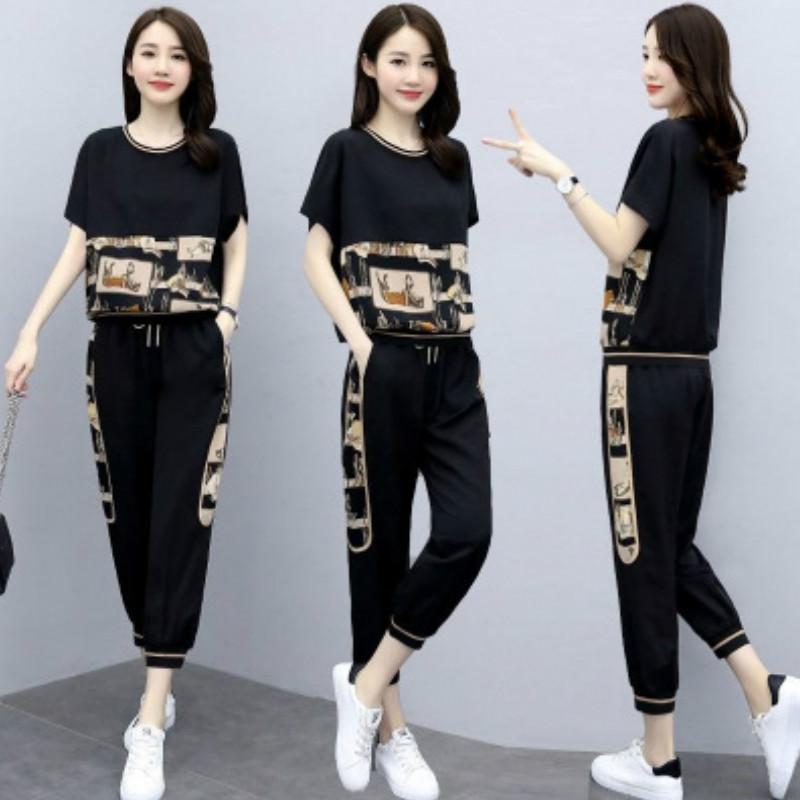 Модный повседневный спортивный костюм, женские спортивные костюмы, летние свободные футболки с короткими рукавами, укороченные брюки
