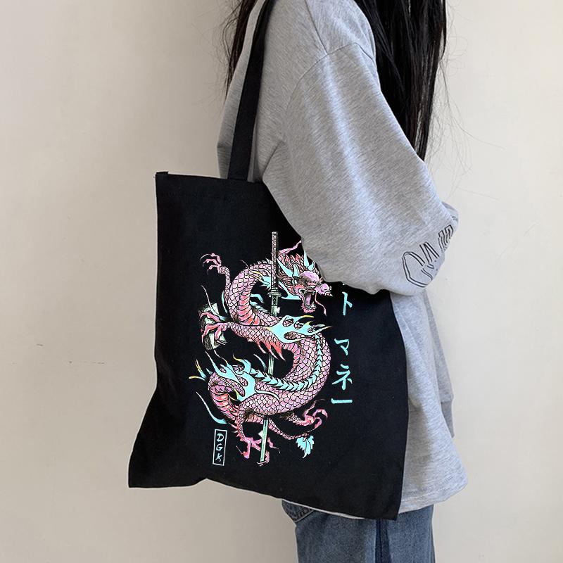 Japanese Gothic Dragon Anime Print Punk Canvas Bag Harajuku Y2K Shopper Bags Large Capacity Vintage Cartoon Women's Shoulder Bag