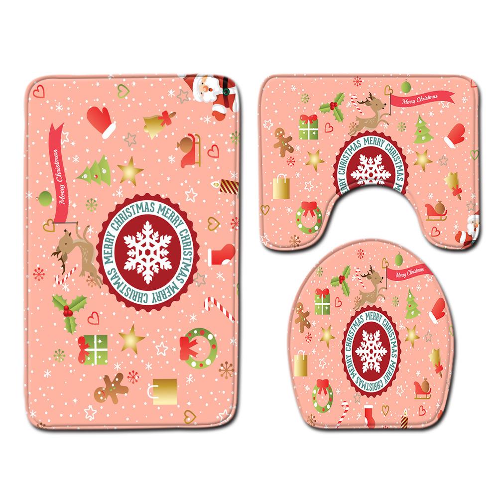 Christmas Shower Curtain Floor Mat Combination Four-Piece Set Bathroom Toilet Carpet Shower Room Mat Foot Mat