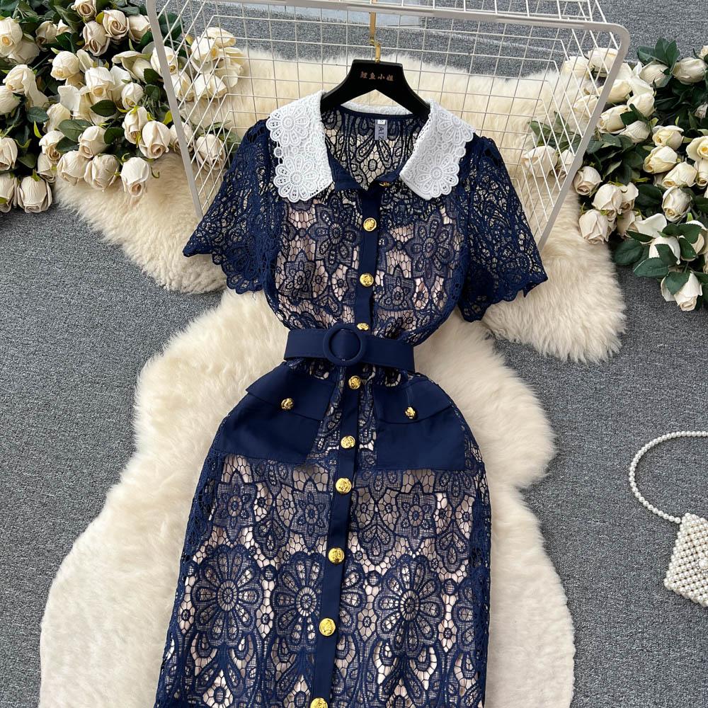 Высокое качество, женское длинное платье миди с вышивкой, летнее платье с лацканами и короткими рукавами, винтажное женское офисное кружевное платье-карандаш