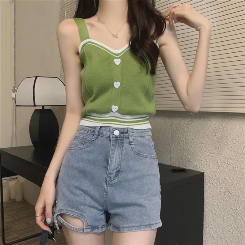 Женский контрастный жилет Love Button Camisole Vest - летний трикотажный укороченный топ 2024 года