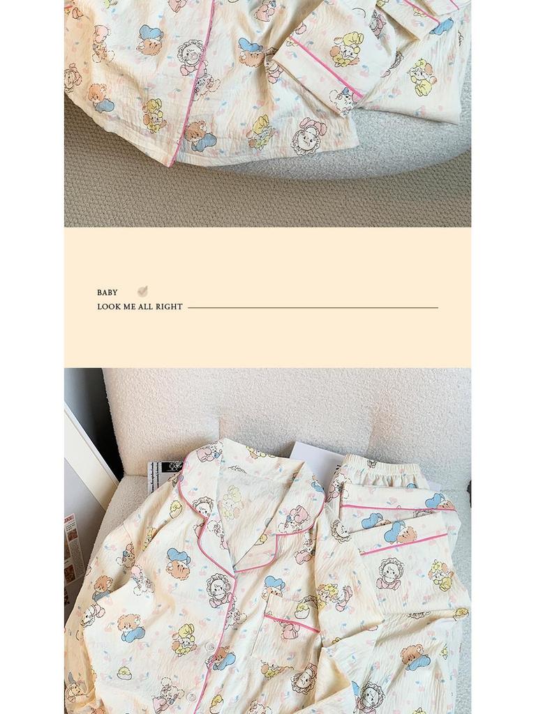 Милый пижамный комплект с принтом кота в японском стиле с длинными рукавами из хлопка для женщин - Весна/Осень