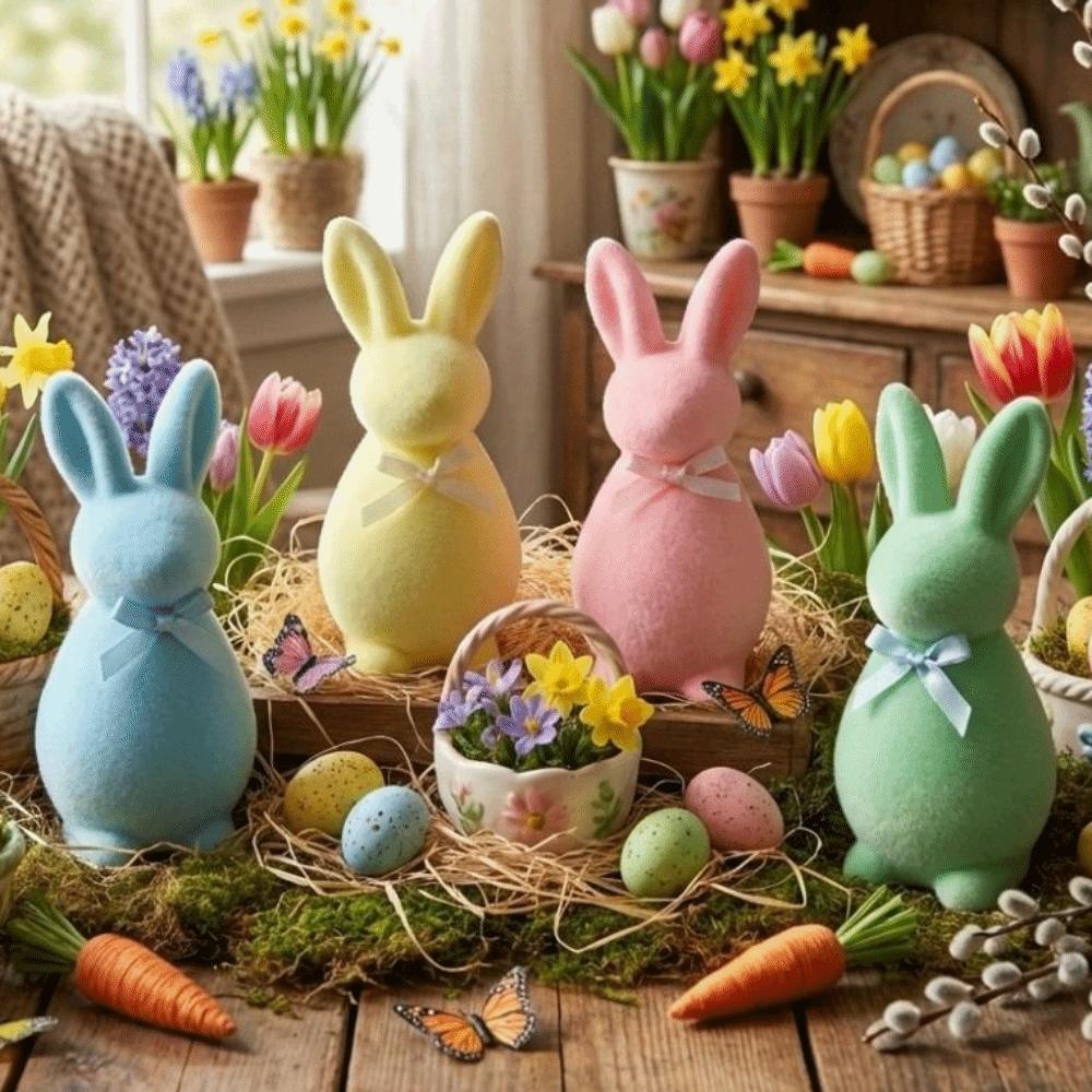 with Bow Easter Bunny Statue Plush Bunny Sculpture Handmade Bunny Ornaments Home Decor