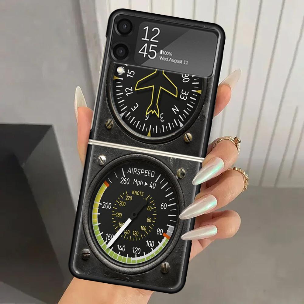 Aviation Aeroplane Helicopter Cockpit Instrument Hard PC Phone Case For Samsung Galaxy Z Flip 7 6 5 4 3 Black ZFlip7 ZFlip6 Flip