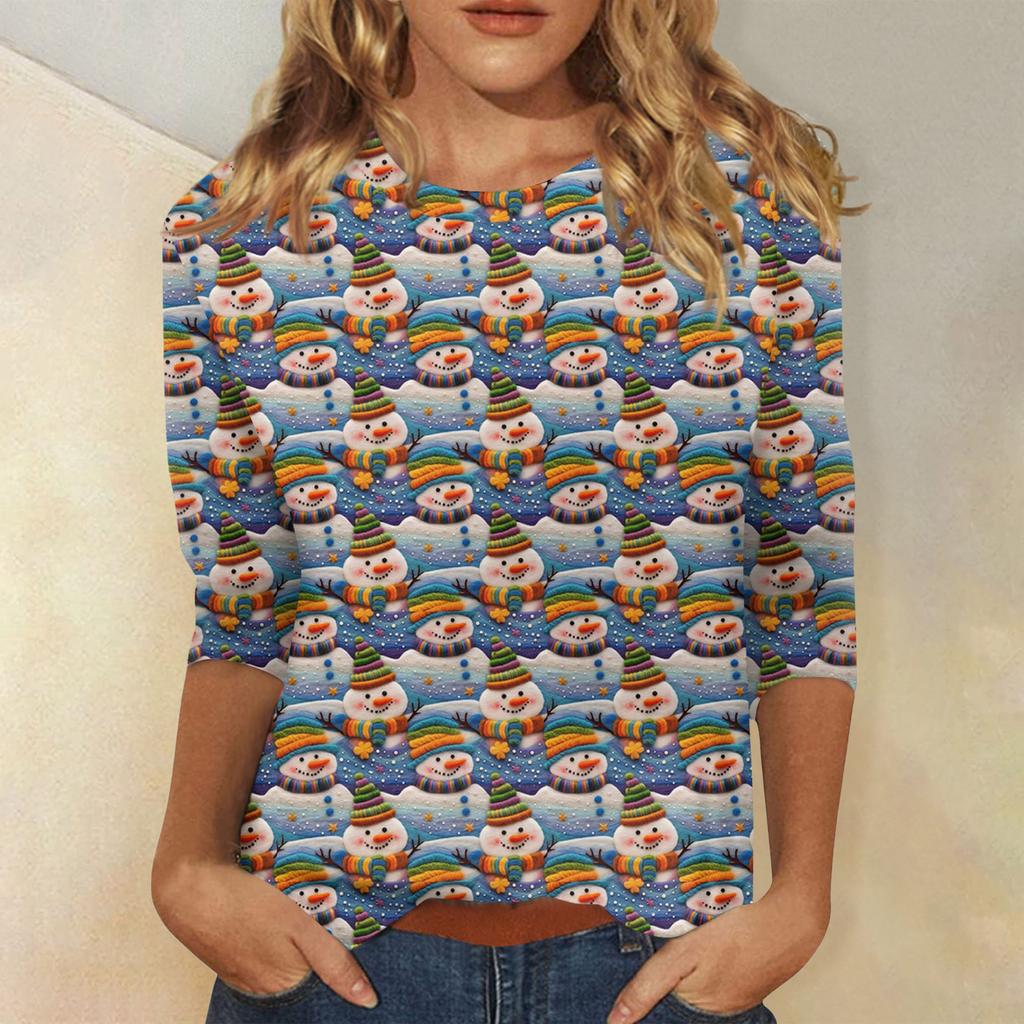 Женская модная повседневная футболка с рукавом три четверти и рождественским принтом, с круглым вырезом