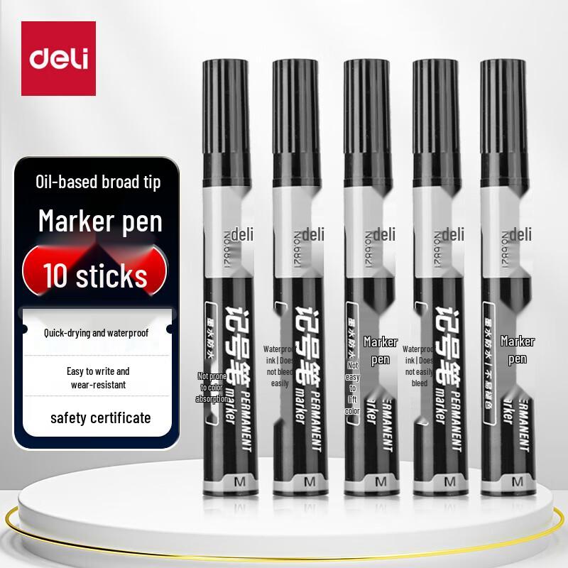 Deli Black Oil-Based Thick Tip Marker Pen, 10-Pack