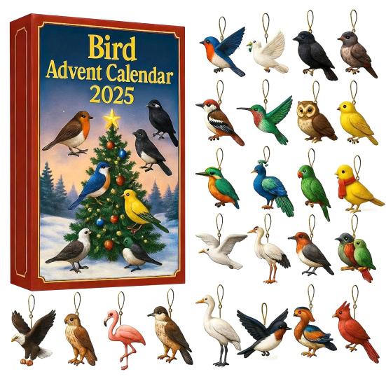 Bird Advent Calendar 2025 24 Days Christmas Countdown Calendar with Acrylic 2D Bird Hanging Decoration Holiday Gifts for Kids Bird Lovers