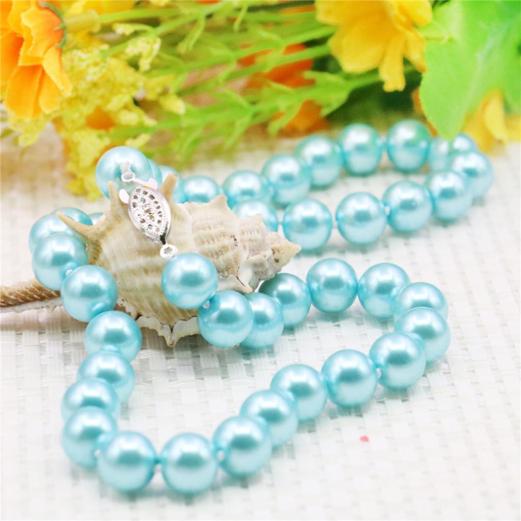 10mm Round Light Blue Pearl Shell Necklace Women Girls Hand Made Jewelry Making Design for Accessory Gifts For Mother