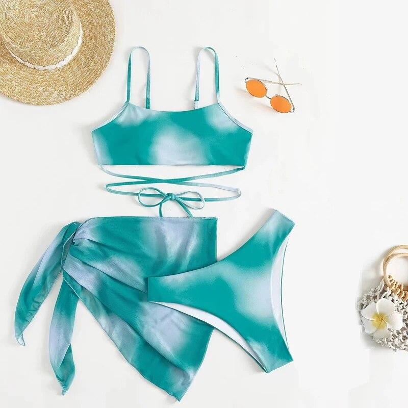 Trendy 3 Piece Tie Dye Print Bikini Swimsuit Beach Cover Up Swim Set for Women