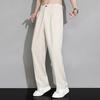 Men Ice Silk Casual Long Pants Elastic Waist Buttons Fly Pockets Straight Wide Leg Draped Thin Business Trousers