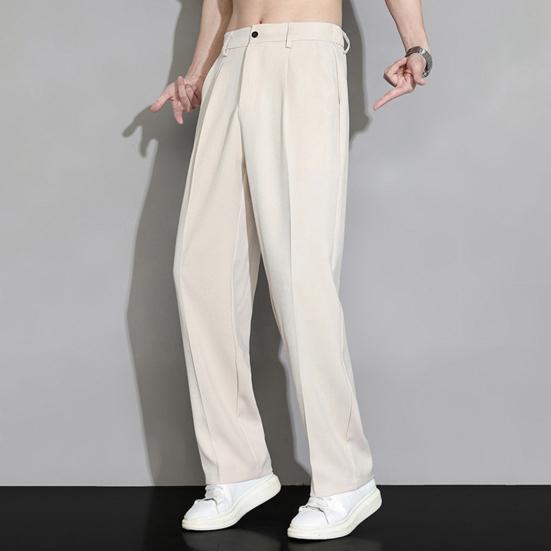 Men Ice Silk Casual Long Pants Elastic Waist Buttons Fly Pockets Straight Wide Leg Draped Thin Business Trousers