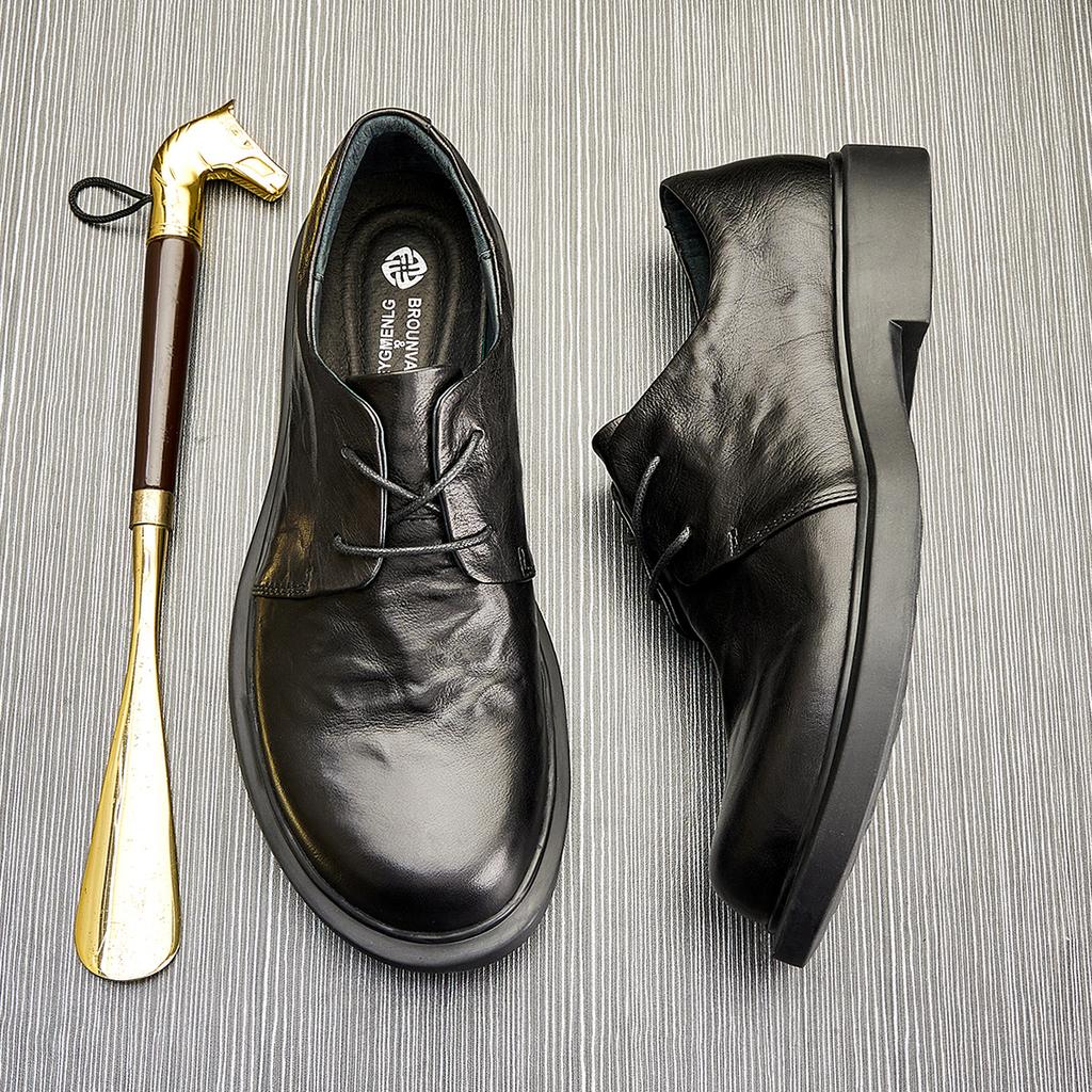 Casual Leather Shoes Men'S Spring Summer British Style Leather Low-Top Lace-Up Shoes Breathable Round Head Business Small Leather Shoes