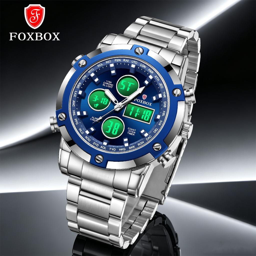 FOXBOX watches for men alarm clock date chronograph dual display quartz male watch luminous casual fashion mens wristwatch