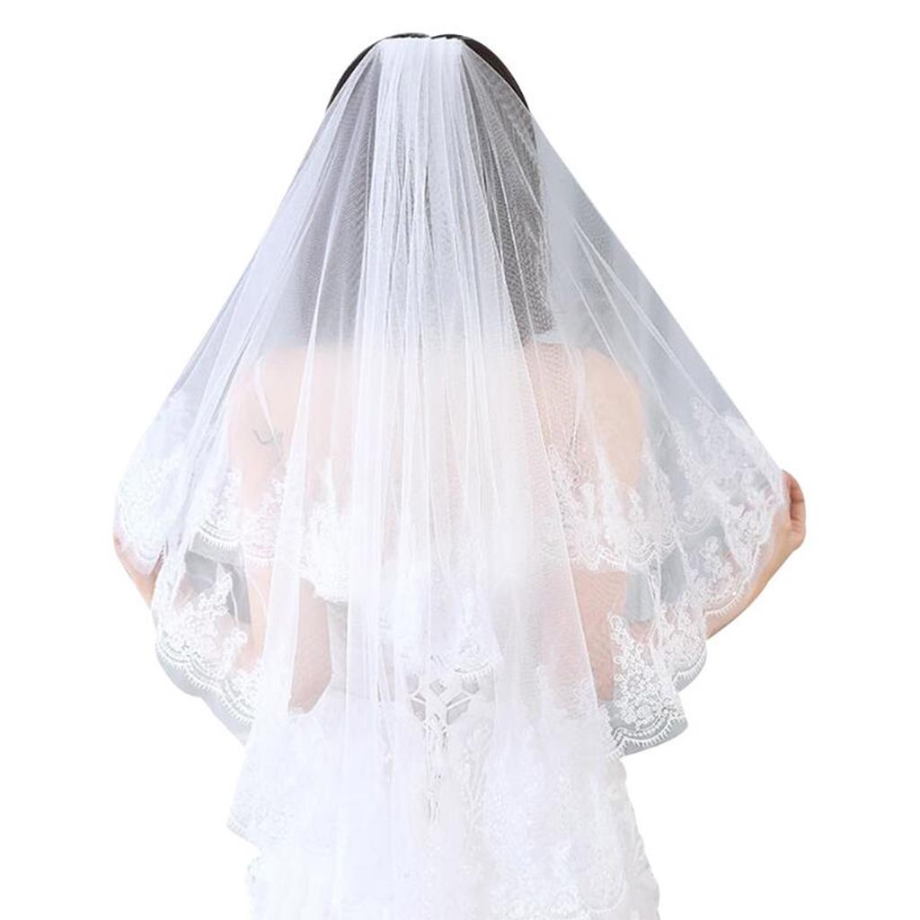 Elegant Bridal Lace Veil Women Pearl Tulle Bachelorette Party White Veil with Rhinestone for Wedding Performances