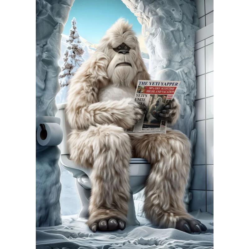 Современный лев, собака, хайленд, сидящая на унитазе и читающая газету, плакат, забавный принт с животными, картина на холсте, декор для ванной комнаты, картина