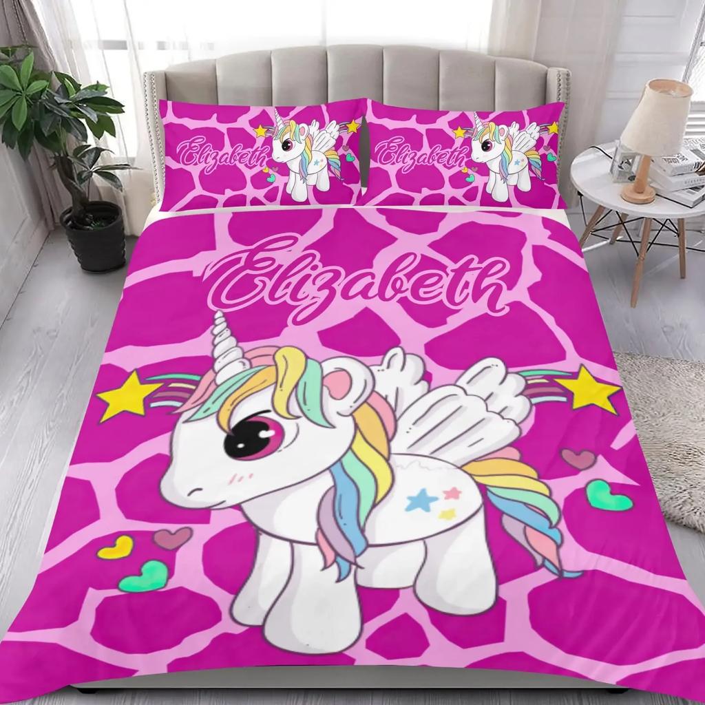 Custom Name Duvet Cover Set Cartoon Animals Unicorn Bedding Set Twin Full Queen King For Kids Girls Boys Birthday Wedding Gifts